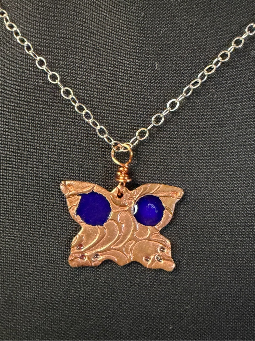 Copper Blue Enamel Butterfly Sterling Silver Artisan Crafted Necklace - Picture 2 of 8